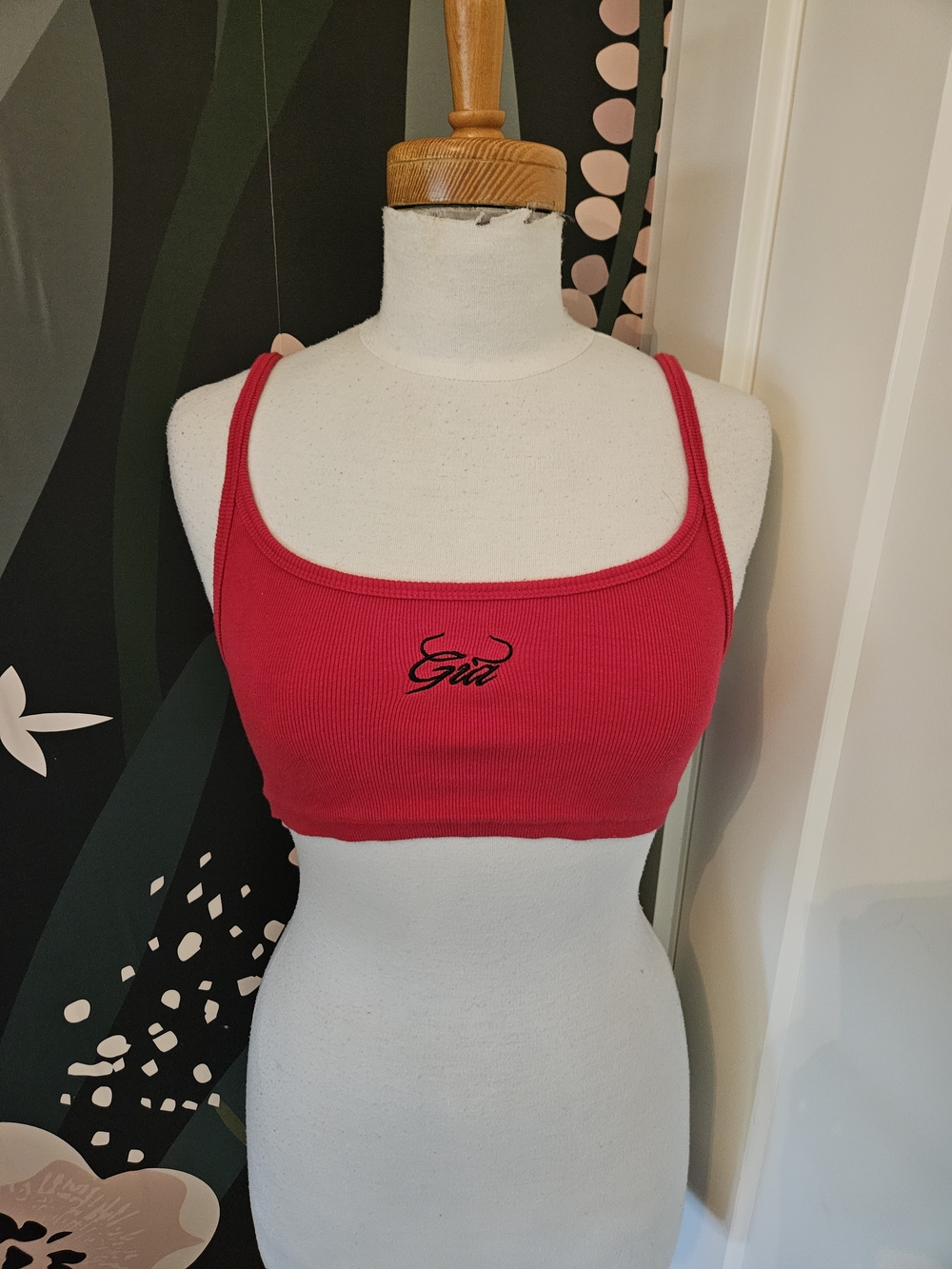 I.AM.GIA Red Ribbed Crop Bra with Script Logo